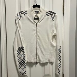 Burberry Check Trim Cotton Zip Front Sweater